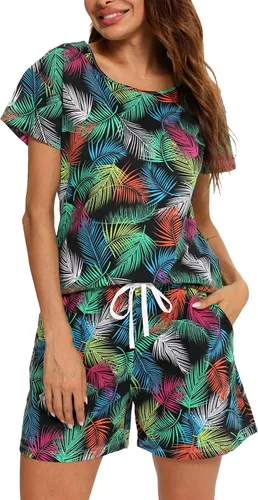Vista 9 de ENJOYNIGHT - Conjunto de pantalones cortos de pijama para mujer, pijamas de algodón para verano, ropa de dormir con bolsillos Negro