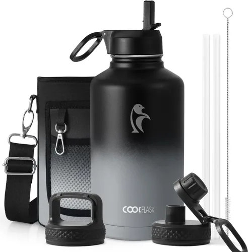 Vista 57 de Coolflask Botella de agua de 20 onzas aislada con pajilla, 3 tapas de metal de acero inoxidable, botella de agua de boca ancha para deportes u