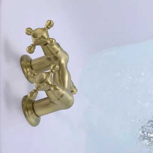 Vista 6 de SUMERAIN 3-3/8 "bañera de montaje en pared Clawfoot bañera grifo dos manijas cruzadas oro cepillado