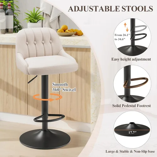Vista 3 de MALOL Bar Stools Set of 1, Swivel Bar Chairs, Modern Adjustable PU Leather Upholstered Barstools Counter Height with Tufted Back for Bar, Kitchen