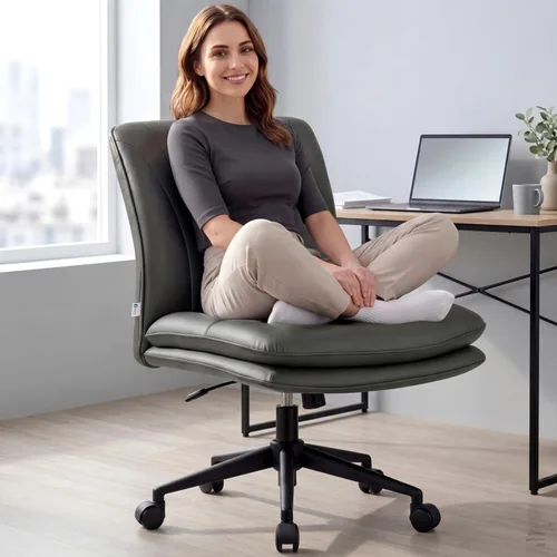 Vista 10 de Silla de escritorio sin brazos con ruedas para sentarse entrecruzada, silla sin brazos anchos con patas cruzadas, taburete giratorio ajustable