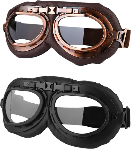 Vista 14 de LJDJ Gafas de motocicleta, paquete de 2 gafas de montar estilo piloto vintage, gafas de hombre ardiente para hombres, mujeres, jóvenes y adultos