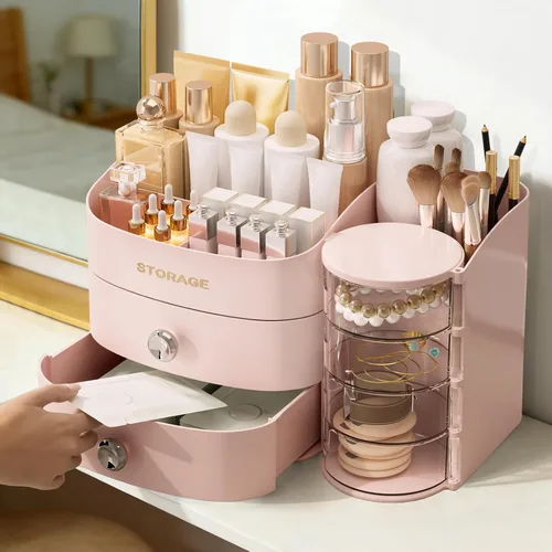 Vista 6 de XIAPIA Organizador de maquillaje para encimera, organizador de maquillaje para tocador, cuidado de la piel y organizadores de cosméticos con Rosa