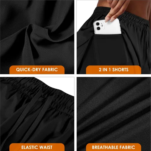 Vista 4 de Pantalones cortos de correr 2 en 1 para mujer, para gimnasio, yoga, entrenamiento, pantalones cortos atléticos, pantalones cortos de cintura alta