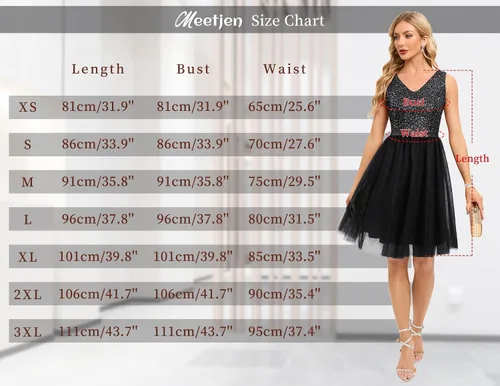 Vista 4 de Meetjen Vestido de cóctel de tul con lentejuelas para mujer, longitud hasta la rodilla, cuello en V, espalda en V, acampanado, vestido de fiesta