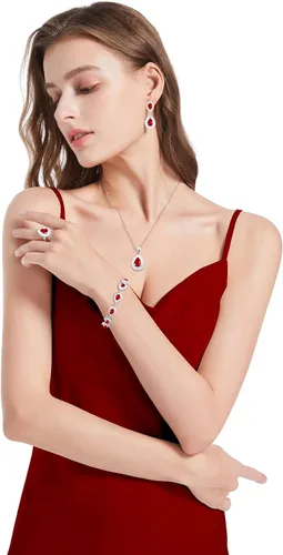 Vista 2 de GZWHD Juego de joyas brillantes para mujer, collar de lágrima, pulsera de anillo abierto, joyería de boda para novia y damas de honor, día de San