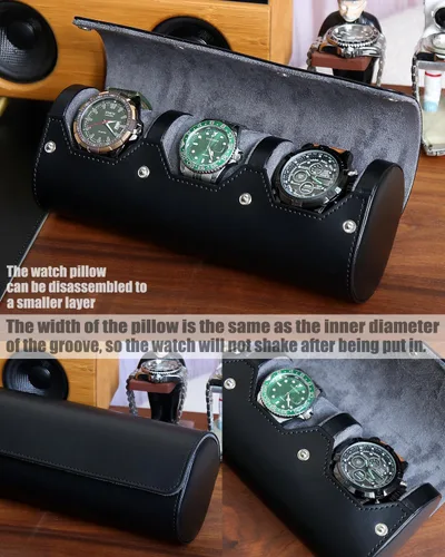 Vista 4 de Caja organizadora de relojes para hombre, rollo de viaje, portátil, 3 relojes, almacenamiento con secciones de terciopelo para sostener reloj grande