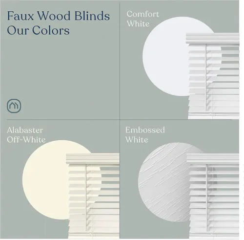 Vista 4 de MOOD Persianas de madera sintética, persianas de 68 pulgadas para ventanas, tratamiento de ventana opacas inalámbrico de 2 pulgadas, blanco cómodo