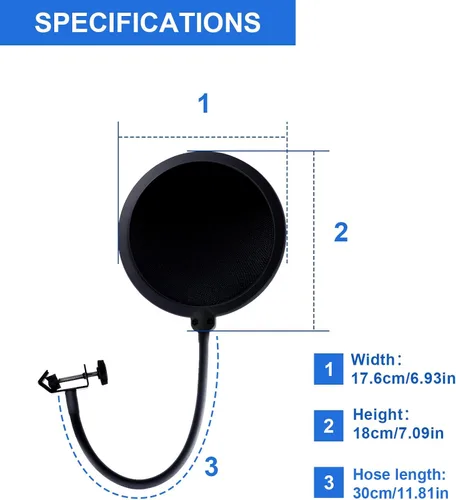 Vista 6 de Suuntok - Filtro de pop para micrófono para Blue Yeti y otros micrófonos, pantalla de viento de doble capa con clip de cuello de ganso flexible