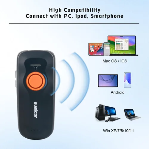 Vista 5 de Sumicor Escáner de código de barras inalámbrico, mini lector Bluetooth portátil, escáner láser 1D con indicador de nivel de batería, pequeño escáner