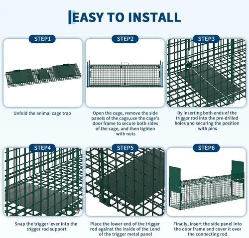 Vista 5 de Jaula de trampa para animales vivos de doble puerta, plegable, de acero resistente, fácil de instalar y liberar, gatillo sensible, asa