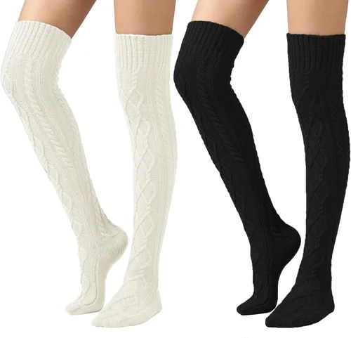 Vista 9 de SherryDC Calcetines de punto trenzado hasta el muslo para mujer, medias de bota extra largas de invierno, calentadores de piernas 1 - Blanco