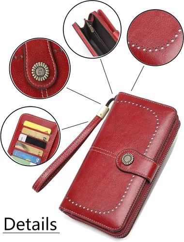 Vista 4 de Billetera de cuero para mujer, de gran capacidad, con cremallera, cartera con cremallera para mujer, 1-licor rojo, Moderno