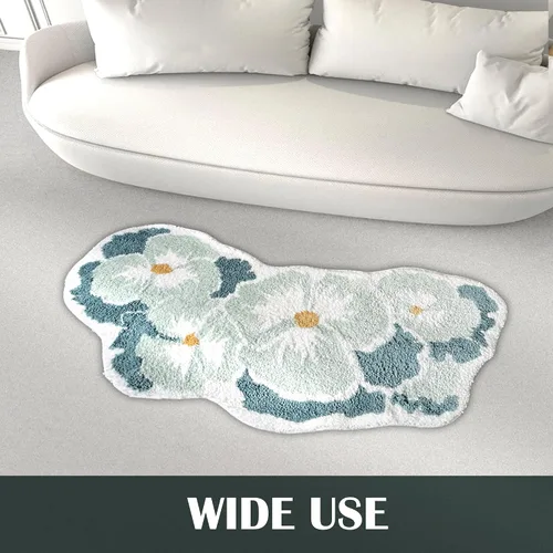 Vista 8 de Alfombra de baño curvada en forma de flor verde, de 40 x 19 pulgadas, antideslizante, absorbente de agua, bonita alfombra floral para tina, alfombra
