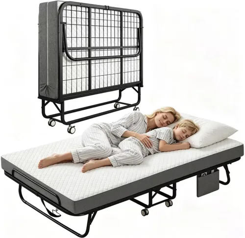 Vista 10 de Cama plegable con colchón para adultos, 75" x 31" cama rodante portátil tamaño catre, cama plegable de invitados con marco de metal con colchón