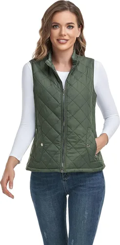 Vista 3 de LONGKING Chaleco para mujer con un bolsillo interior, cuello alto, ligero, acolchado, con cremallera, para mujer