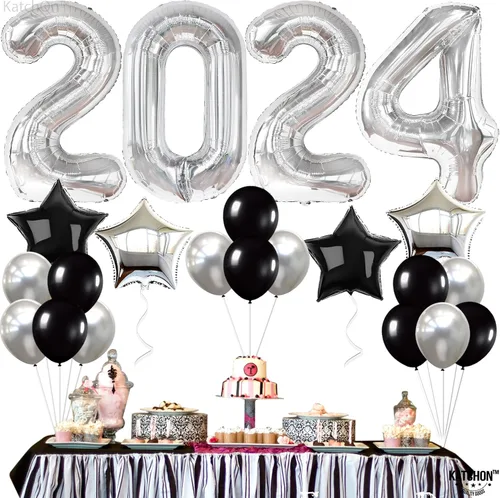 Vista 7 de Globos plateados 2025 y estrella, negro y confeti