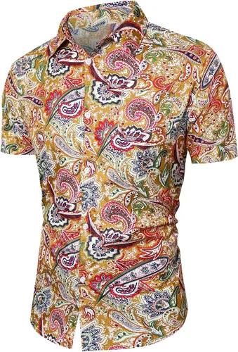 Vista 3 de QZH.DUAO Camisas de lino de discoteca de los años 70 para hombre, estilo casual, estampado de cachemira, floral, vintage, de manga larga y camisa