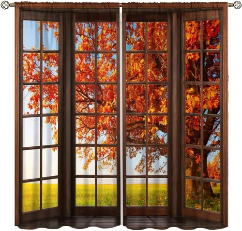 Vista 11 de Cortinas de calabaza enana de otoño, decoración del hogar de Acción de Gracias en otoño, patrón de hojas de arce y girasol, 42 pulgadas de ancho x