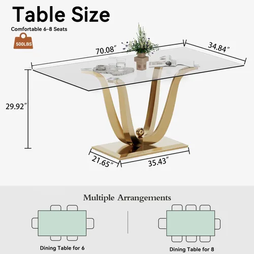 Vista 8 de Mesa de comedor moderna de vidrio de 70 pulgadas para 6-8, mesa de comedor de cristal dorado de lujo con base de acero inoxidable en forma de flores