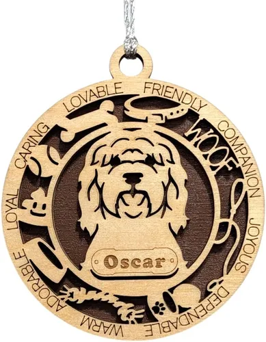 Vista 121 de Adorno de Navidad personalizado para perro Cavalier King Charles Spaniel, redondo de 3 pulgadas, madera cortada con láser de 2 capas, nombre y texto