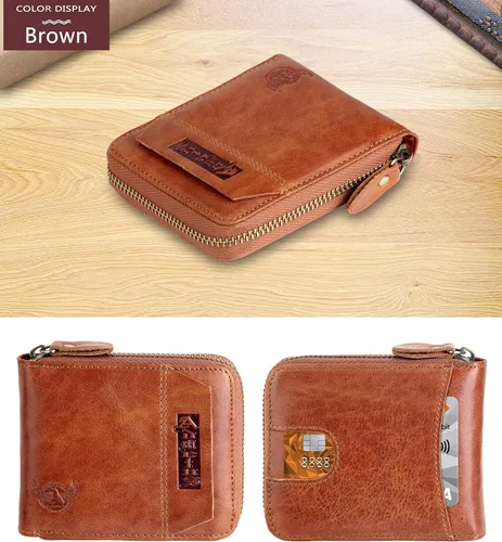 Vista 33 de Admetus - Cartera de piel auténtica para hombre con cremallera, plegable
