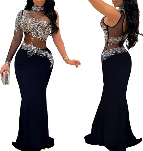 Vista 3 de PORRCEY - Vestido sexy con diamantes de imitación para mujer, vestido de noche para fiesta y club