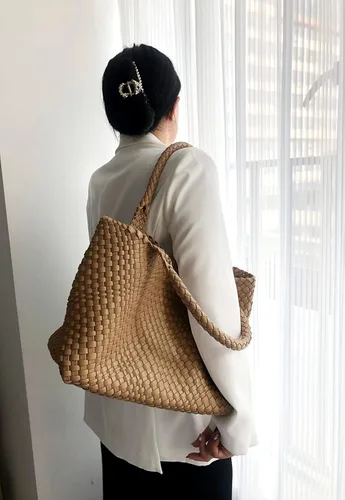 Vista 8 de Vipost Bolsa de mano tejida para mujer, bolsa de playa grande de cuero vegano con bolso, bolso de viaje con asa superior, bolsas de hombro tejidas