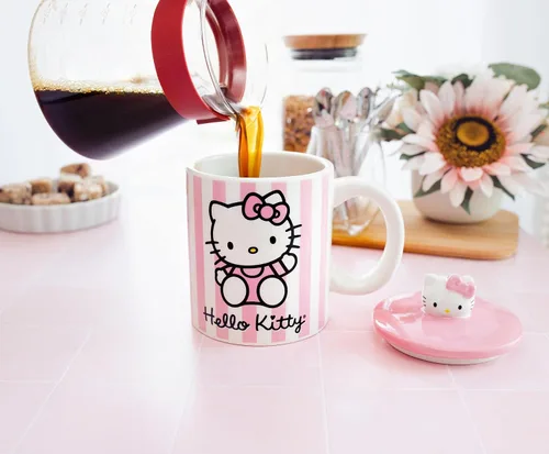 Vista 4 de Toynk Sanrio Hello Kitty - Taza de cerámica con tapa con diseño de rayas rosadas, taza de café grande para té, expreso, cacao, capacidad para 18