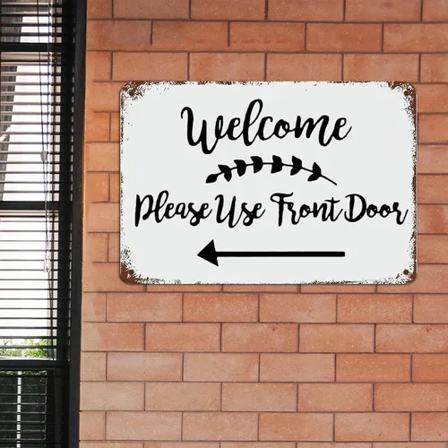 Vista 3 de Letrero colgante de metal con texto en inglés "Welcome Please Use" para puerta delantera, decoración de pared rústica para sala de estar, cocina