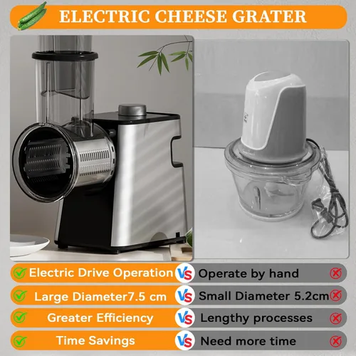 Vista 4 de Rallador de queso eléctrico 7 en 1, rallador de queso de 300 W para queso de bloque con 14 cuchillas, pelador y cepillo en Y, triturador automático