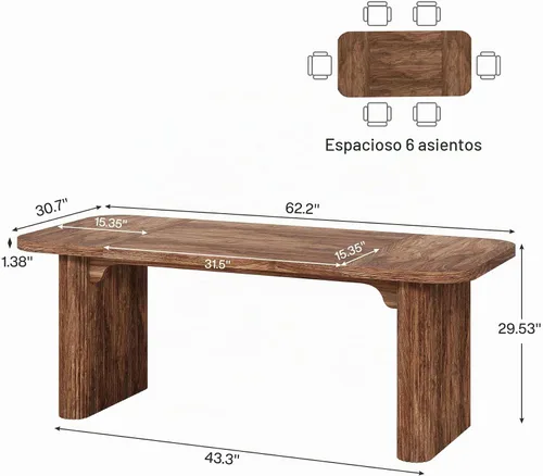 Vista 2 de Tribesigns Mesa de comedor moderna para 6 personas, mesa de cocina marrón oscuro de 62 pulgadas con pedestal doble robusto, mesa de comedor