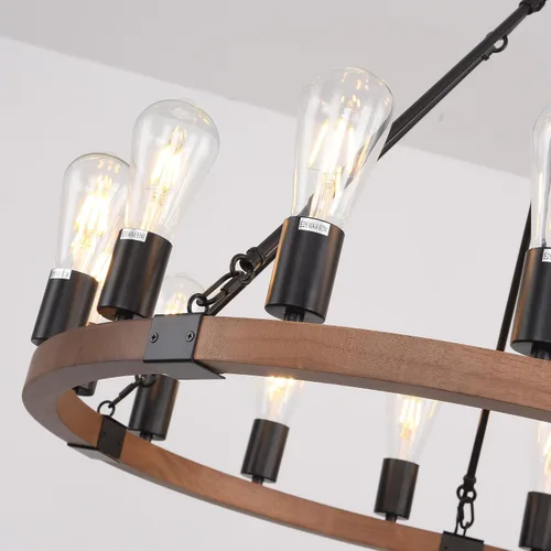 Vista 5 de Candelabro de Rueda de Vagón de Madera de 15 Luces, Candelabro de Granja Rústico Vintage con Bombillas E26, 32" Candelabro Industrial