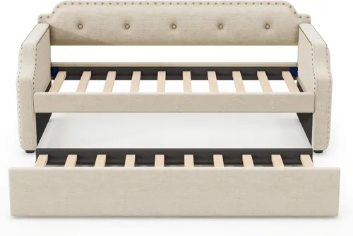 Vista 6 de Sofá cama tamaño individual con trundle, marco de sofá cama individual tapizado, sofá cama para dormitorio y sala de estar, beige