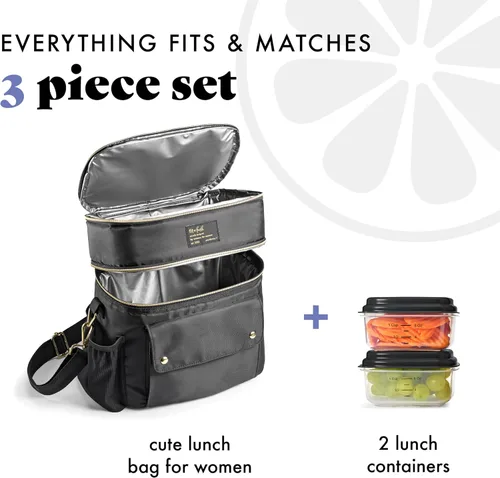 Vista 2 de Fit & Fresh Westminster - Lonchera aislada de doble compartimento para mujer, juego completo de almuerzo con 2 contenedores, bolsa térmica aislada