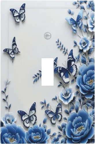 Vista 9 de Decorative Outlet Covers Blue Background White Cat Daisy Floral 2-Gang 1-Gang Wall Plate Single Toggle/Rocker Farmhouse Style Light Switch Covers