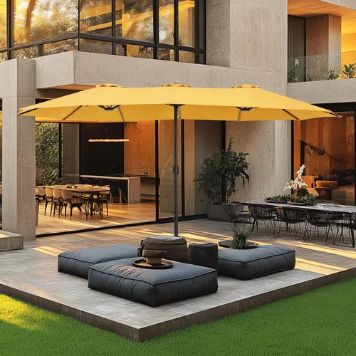 Vista 11 de MFSTUDIO Sombrilla de patio de 15 pies con base incluida, sombrilla rectangular grande de mercado de doble cara para exteriores con mango