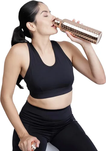 Vista 3 de Botella de agua de cobre puro con bolsa de yute, extragrande, recipiente para beber, bebe más agua, botella para beneficios de salud, hogar