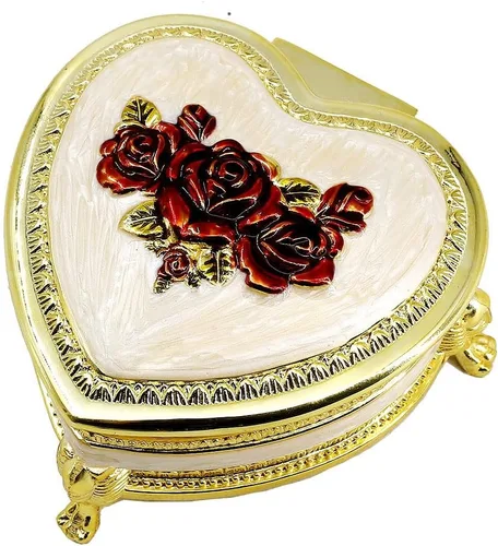 Vista 9 de ROSIKING Caja de música de aleación de metal en relieve en forma de corazón azul, caja musical antigua para joyería con cuerda, regalos