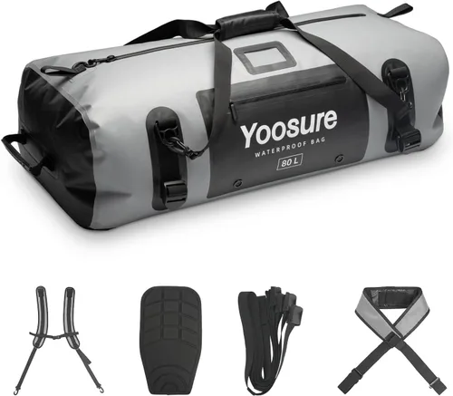 Vista 9 de Bolsa de lona impermeable de 80 Lt, mochila seca para motocicleta, bolsas impermeables con cremallera y almohadilla espaciadora para kayak, rafting