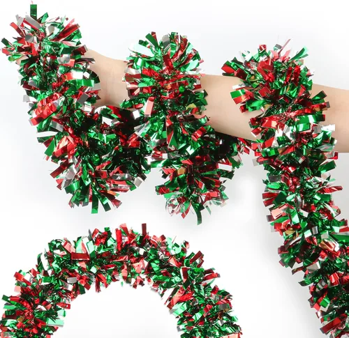Vista 10 de Guirnalda de Navidad de 50 pies de rojo y verde con adornos de hombre de jengibre, guirnalda metálica gruesa y brillante para árbol, chimenea