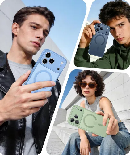 Vista 1034 de FNTCASE Funda para iPhone 17 Pro: Fundas delgadas translúcidas de color azul claro compatibles con MagSafe, protección completa de la cámara