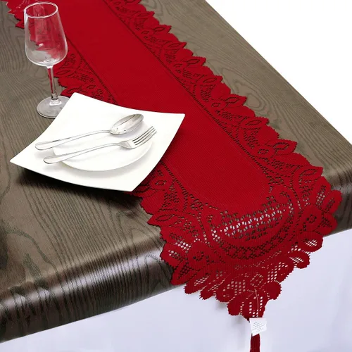 Vista 13 de mookaitedecor Camino de mesa de encaje rojo para decoración de café de fiesta de Navidad