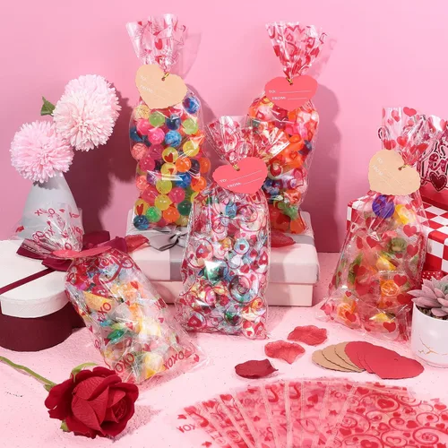 Vista 4 de Skyygemm 200 bolsas de celofán de San Valentín, bolsa de regalo de San Valentín, bolsas de regalo de San Valentín, bolsas rojas de plástico
