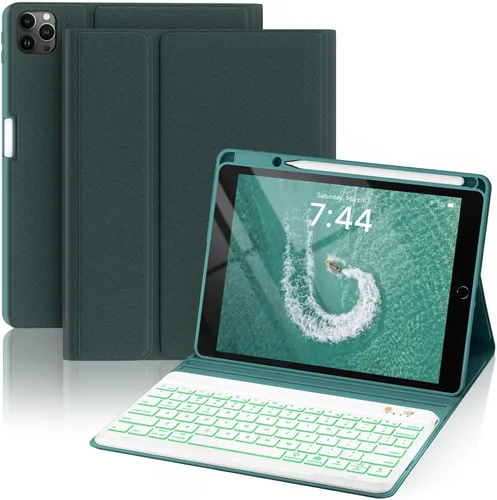 Vista 21 de OYEEICE Funda de teclado para iPad 6ª/5ª generación de 9.7 pulgadas, teclado inalámbrico desmontable retroiluminado de 7 colores, cubierta magnética