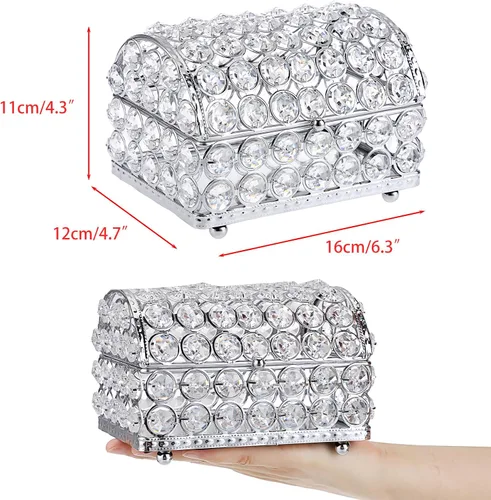 Vista 2 de ELLDOO Joyero de cristal, caja organizadora de aretes, anillos, decoración del hogar, caja decorativa con tapa, regalo plateado para San Valentín