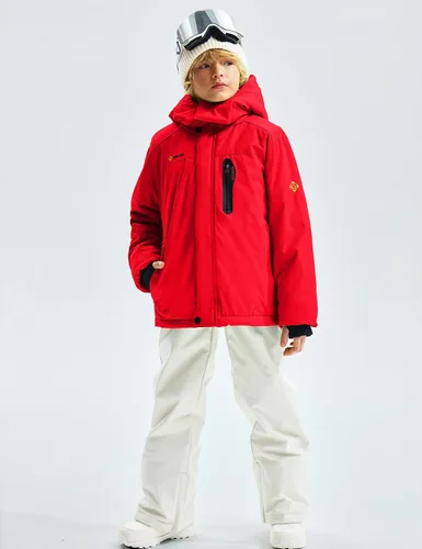 Vista 4 de GEMYSE Chaqueta de esquí impermeable con capucha para niño con forro polar resistente al viento chaqueta de invierno