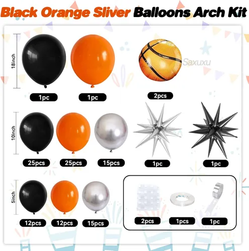 Vista 2 de Kit de arco de globos de baloncesto, kit de guirnalda de globos negros y naranjas, globos de estrella plateada de papel aluminio para baloncesto