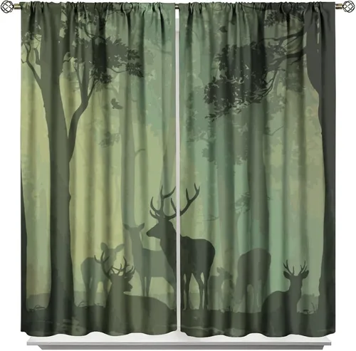 Vista 47 de Cortinas opacas con diseño de ciervos, bosque brumoso, rústico, vida silvestre, alce, montaña, pájaros, pino, bosque, cortinas de ventana