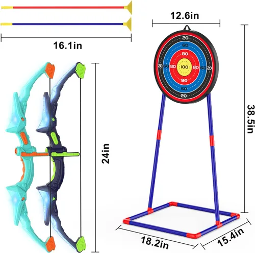 Vista 5 de Kmuxilal Paquete de 2 Arcos y Flechas para Niños con Luces LED Intermitentes, 14 Flechas con Ventosa y Diana de Pie Fluorescente - Juego de Tiro